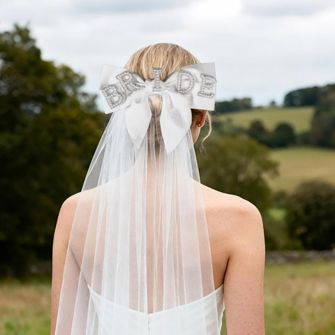 Velo de Novia con Lazo de Satén Blanco con Letras Bride de Strass Velo Corto de Tul para Boda Despedida de Soltera Mujer Accesorios para el Cabello
