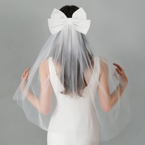 Elegant White Bridal Bow Veil Double Layer Satin Bow Mesh Wedding Hair Accessory For Bride Princess Photo Shoot Party
