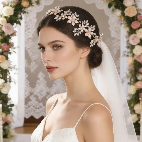 Fascia per Capelli da Sposa Fatta a Mano con Fiori e Foglie in Oro Rosa Vite per Capelli in Metallo con Strass Matrimonio Gioielli