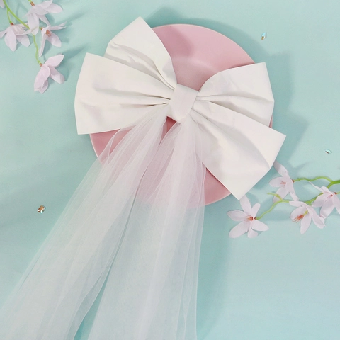 Elegant White Bridal Bow Veil Double Layer Satin Bow Mesh Wedding Hair Accessory For Bride Princess Photo Shoot Party