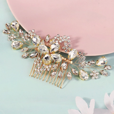 Eleganter Braut-Haarkamm Handgefertigt Goldlegierung Drahtwicklung Strass Blume Zweig Haarnadel Hochzeit Party Kopfschmuck Damen Schmuck