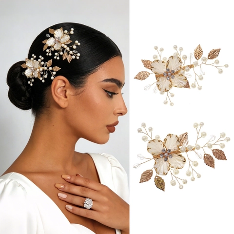 Handgefertigte Gold Blume Hochzeit Haarklammern Damen Künstliche Perle Strass Perlenbesetzt Entenschnabelklemmen Braut Wald-Stil Schmuck