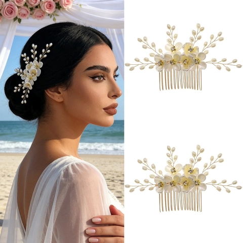 Peine para el Cabello de Novia Hecho a Mano Blanco Acrílico Floral Perla Artificial Strass Accesorios para Novia Mujer Oro