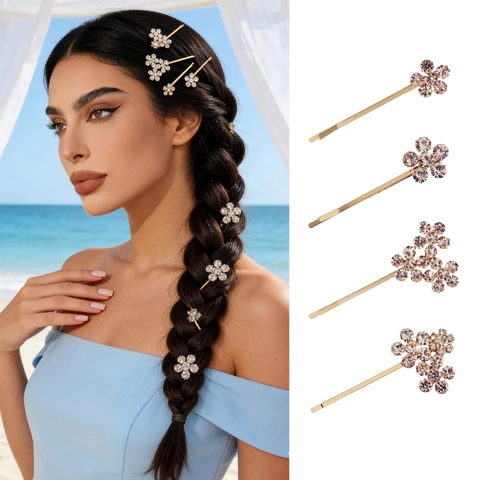 Lot de Barrettes à Fleurs en Strass Sucrées Alliage d'Or Pinces à Cheveux Florales pour Femmes Fête Vacances Accessoires de Cheveux