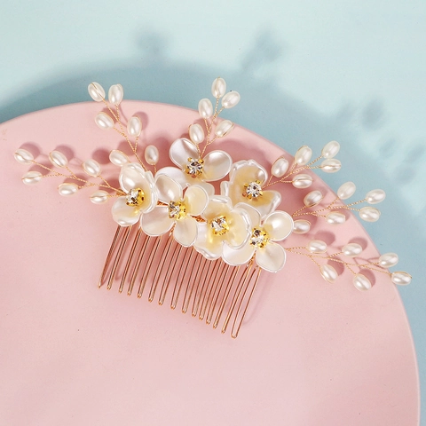 Peine para el Cabello de Novia Hecho a Mano Blanco Acrílico Floral Perla Artificial Strass Accesorios para Novia Mujer Oro