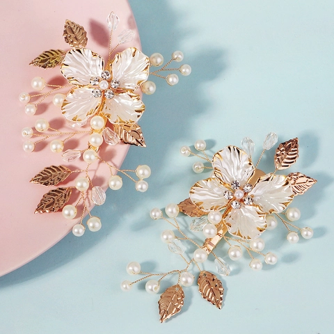 Handgefertigte Gold Blume Hochzeit Haarklammern Damen Künstliche Perle Strass Perlenbesetzt Entenschnabelklemmen Braut Wald-Stil Schmuck