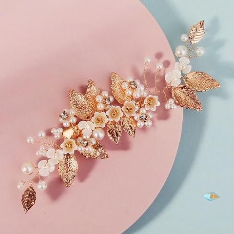 Handgefertigte Gold Legierung Künstliche Perle Strass Haarklammer Für Damen Blume Blatt Braut Hochzeit Kopfschmuck Accessoire