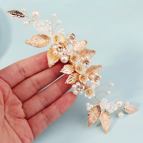 Handgefertigte Gold Legierung Künstliche Perle Strass Haarklammer Für Damen Blume Blatt Braut Hochzeit Kopfschmuck Accessoire