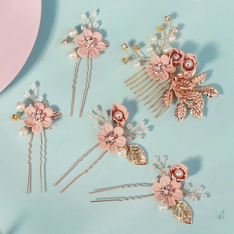 Juego de Peineta y Horquillas para el Cabello de Novia con Flores de Tela Rosa Blanco Aleación Oro Perla Artificial Tocado de Boda