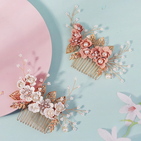 Pettine per Capelli da Sposa in Stile Foresta Fatto a Mano Con Perla Artificiale Strass Fiore in Tessuto Foglia d'Oro