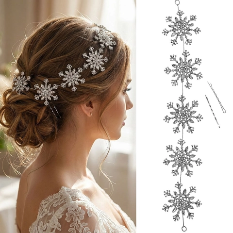 Elegante Cerchietto da Sposa con Fiocchi di Neve in Lega e Strass Vite per Capelli Argento con Fermagli per Matrimonio Festa Donna