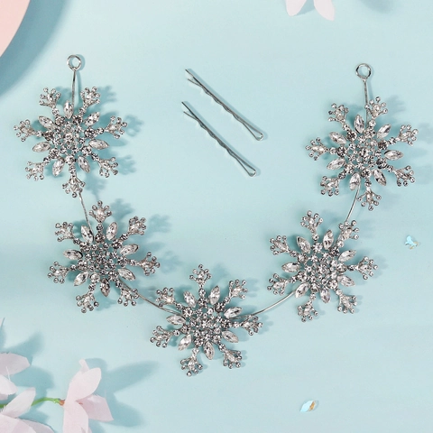Elegante Cerchietto da Sposa con Fiocchi di Neve in Lega e Strass Vite per Capelli Argento con Fermagli per Matrimonio Festa Donna