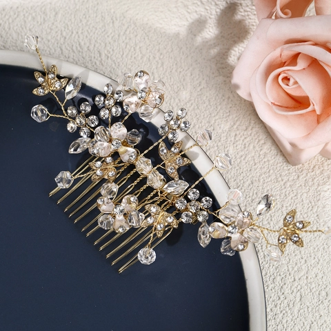 Peine de Pelo de Novia Hecho a Mano de Aleación Cristal Diamante de Imitación Flor Hoja Tocado para Boda Fiesta Mujer Accesorios