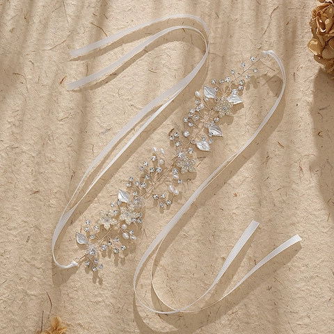 Enredadera de Pelo para Novia Hecha a Mano Con Strass Perla Artificial Flor de Esmalte Oro Plata Cinta de Satén Diadema Boda Fiesta Mujer Joyería