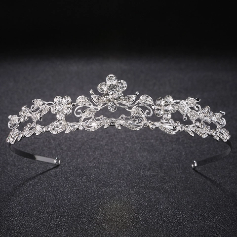 Luxury Rhinestone Bridal Tiara Crown Silver Alloy Flower Leaf Wedding Headpiece Women Elegant Party Banquet Hair Jewelry