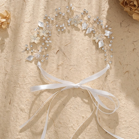 Enredadera de Pelo para Novia Hecha a Mano Con Strass Perla Artificial Flor de Esmalte Oro Plata Cinta de Satén Diadema Boda Fiesta Mujer Joyería