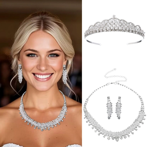 Luxury Silver Alloy Rhinestone Crystal Jewelry Set With Tiara Crown V-Shaped Necklace And Drop Earrings For Bridal Wedding