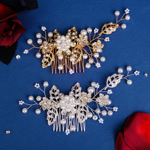 Vintage Alloy Rhinestone Artificial Pearl Bridal Hair Comb Leaf Floral Wedding Party Headpiece Gold Silver Accessories