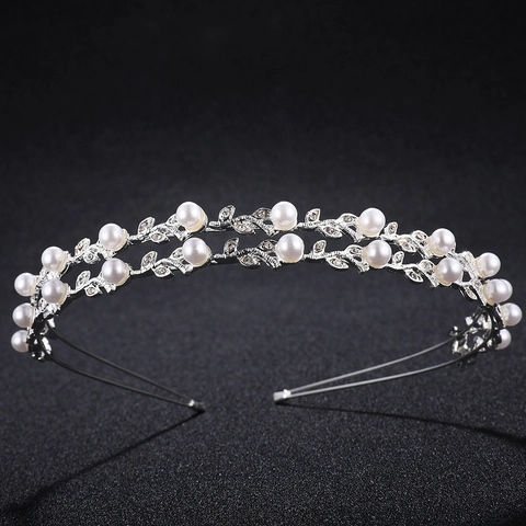 Elegante Cerchietto in Lega d'Argento a Doppio Strato con Perle Artificiali e Strass Foglia Vite Sposa Matrimonio Accessori per Capelli Donna Festa