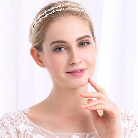 Elegante Cerchietto in Lega d'Argento a Doppio Strato con Perle Artificiali e Strass Foglia Vite Sposa Matrimonio Accessori per Capelli Donna Festa