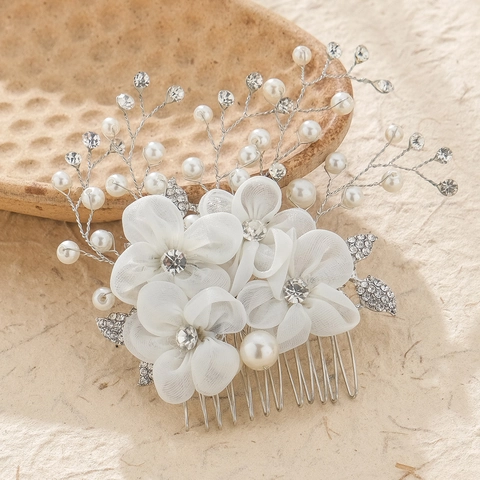Elegant Bridal Hair Comb With Fabric Flower Artificial Pearl Rhinestone Silver Color Handmade Wedding Photography Accessory