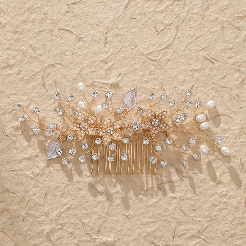 Handmade Wedding Pearl Rhinestone Hair Comb For Women Bridal Floral Gold Silver Color Alloy Hair Accessories Party Jewelry