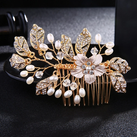 Lussuoso Pettine per Capelli da Sposa in Lega con Perle Artificiali e Strass Oro Fiore Foglia Retrò Fatto a Mano per Matrimonio