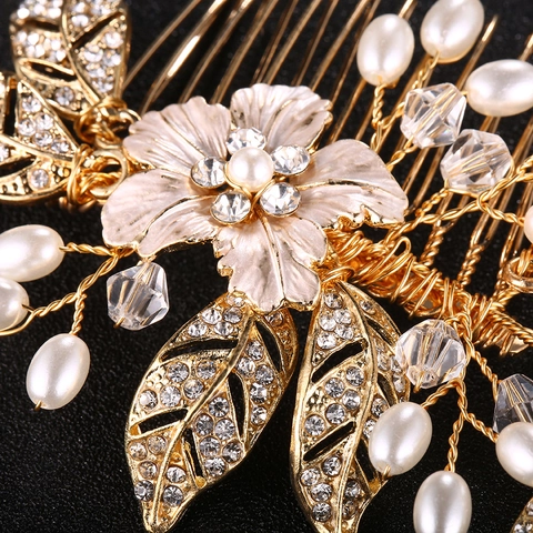 Lussuoso Pettine per Capelli da Sposa in Lega con Perle Artificiali e Strass Oro Fiore Foglia Retrò Fatto a Mano per Matrimonio