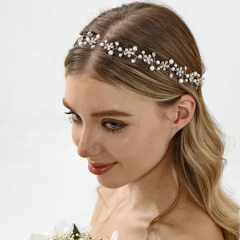 Elegant Bridal Headband With Alloy Rhinestone Artificial Pearl Handmade Floral Vine Wedding Hair Accessories For Women