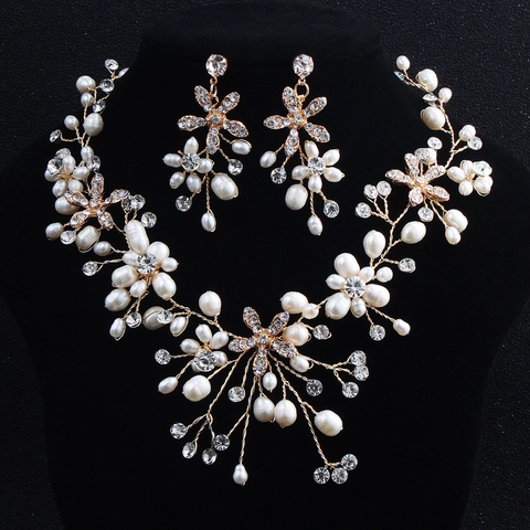 Elegantes Handgemachtes Brautschmuck Halskette Und Ohrringe Kunstperle Strass Blume Rebe Legierung Hochzeit Bankett Accessoires Für Damen