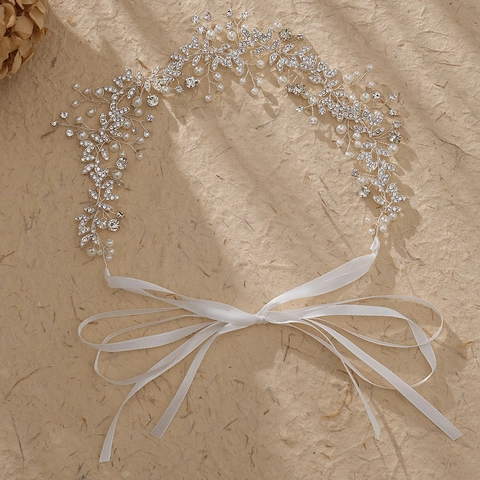 Bandeau De Mariée Élégant Avec Künstliche Perle D'Imitation Strass Design De Feuille Ruban En Satin Bijoux De Cheveux De Mariage Pour Femmes