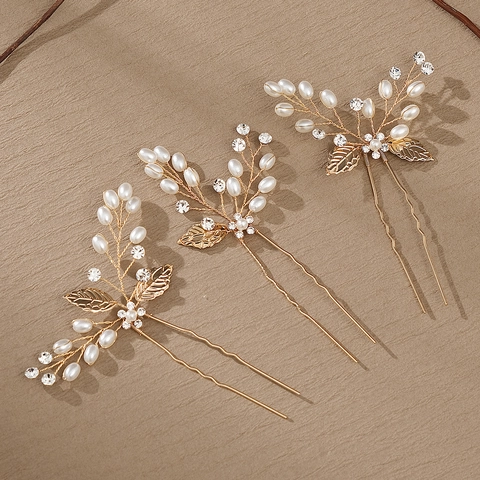 Forcine per Capelli da Sposa in Perle Artificiali e Strass Fatte a Mano Oro Floreale Foglia Accessori per Matrimonio Donna
