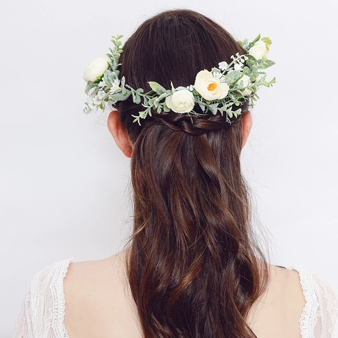 Wald Stil Braut Blumen Stirnband Und Haarkamm Set Romantisch Cremeweiß Rose Gänseblümchen Floral Haarschmuck Für Hochzeit Party Damen Mädchen