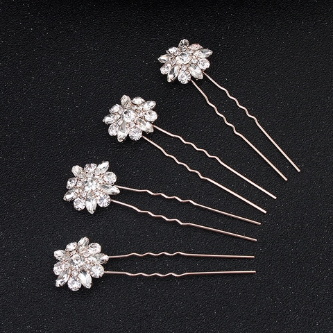 Vintage Floral Rhinestone U-Shaped Hair Pins Alloy Rose Gold Hair Sticks For Wedding Party Bridal Bun Hair Accessories