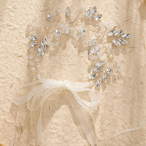 Handmade Silver Rhinestone Bridal Hair Vine Elegant Floral Leaf Wedding Hairband With Ribbon For Women Bridesmaids Jewelry