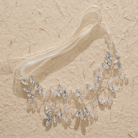 Handmade Silver Rhinestone Bridal Hair Vine Elegant Floral Leaf Wedding Hairband With Ribbon For Women Bridesmaids Jewelry