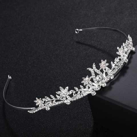 Lussuosa Corona Diadema da Sposa in Lega d'Argento con Strass Vintage Fiore e Foglia Cerchietto Accessori Capelli Donna Festa