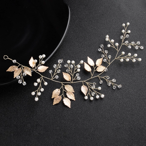Vigne de Cheveux de Mariée en Feuille d'Or Fait à la Main Avec Perle Artificielle Strass Serre-tête de Mariage pour Femmes