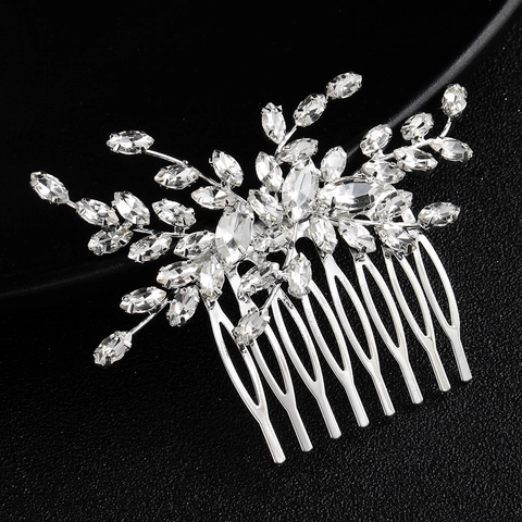 Vintage Alloy Rhinestone Bridal Hair Comb Silver Transparent Crystal Leaf Floral Wedding Banquet Party Jewelry For Women