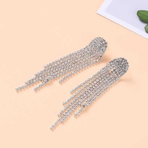 Luxurious Copper Long Tassel Dangle Earrings For Women Silver Rhinestone Elegant Bridal Drop Earrings For Wedding Party