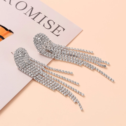 Luxurious Copper Long Tassel Dangle Earrings For Women Silver Rhinestone Elegant Bridal Drop Earrings For Wedding Party