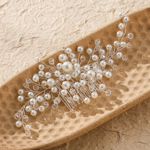 Pettine per Capelli da Sposa in Lega Fatto a Mano Con Perla Artificiale Strass Fiore Foglia Clip Capelli Gioielli Matrimonio