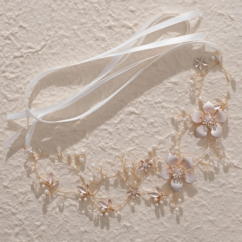 Handmade Bridal Headband Gold Alloy Flower Artificial Pearl Rhinestone Wedding Hair Accessory With Satin Ribbon Headwear For Women