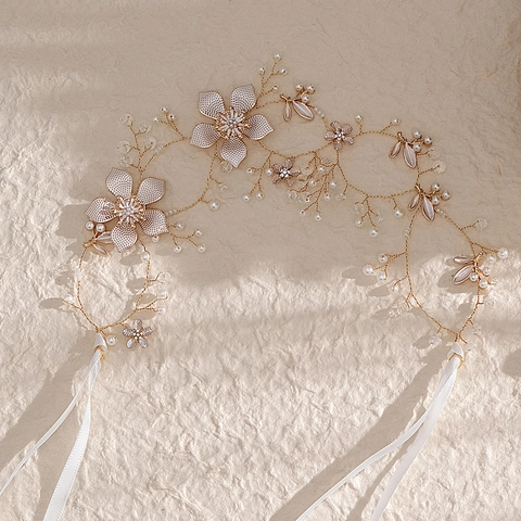 Handmade Bridal Headband Gold Alloy Flower Artificial Pearl Rhinestone Wedding Hair Accessory With Satin Ribbon Headwear For Women