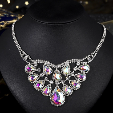 Luxus Kupfer AB Farbe Strass Wassertropfen Statement Halskette Pave Braut Hochzeit Bankett Abend Party Schmuck Für Damen