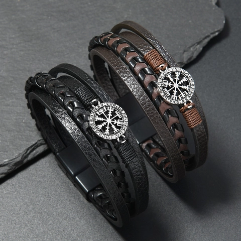 Bracciale in Pelle Multistrato Vintage da Uomo in Lega Vichinga Bussola Vegvisir Simbolo Rune Chiusura Magnetica Gioielli Punk