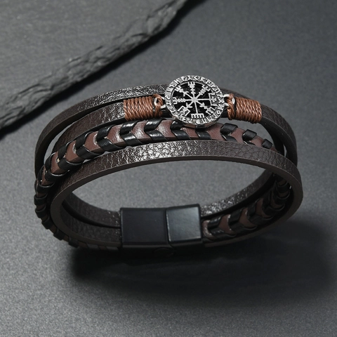 Bracciale in Pelle Multistrato Vintage da Uomo in Lega Vichinga Bussola Vegvisir Simbolo Rune Chiusura Magnetica Gioielli Punk