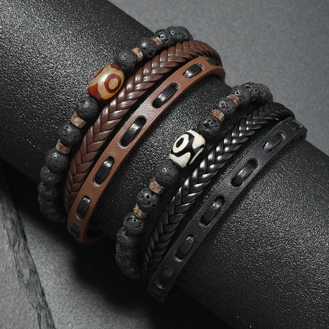 Herren Vintage Mehrlagiges Geflochtenes PU-Leder Armband Naturstein Dzi-Perlen Armband Mit Magnetverschluss Ethnisch Punk Schmuck