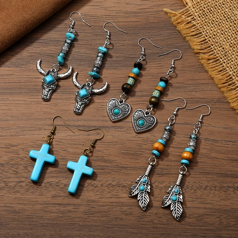 Boucles d'Oreilles Pendantes Turquoise Bohème Vintage Pour Femmes Tête de Taureau Western Cœur Croix Plume Alliage Perles Ethnique