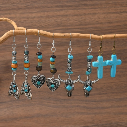 Boucles d'Oreilles Pendantes Turquoise Bohème Vintage Pour Femmes Tête de Taureau Western Cœur Croix Plume Alliage Perles Ethnique